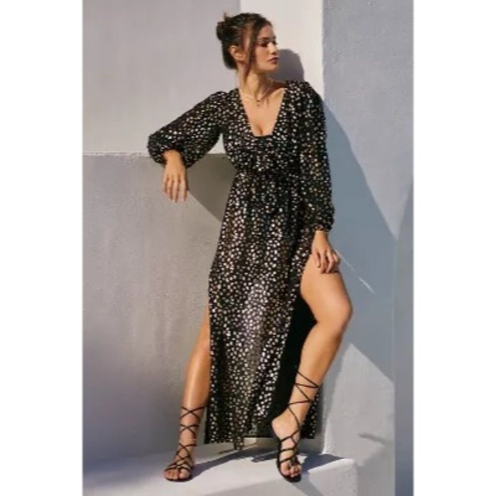Beachriot Shiloh Metallic Black & Gold Leopard Print Maxi Cover-Up Dress